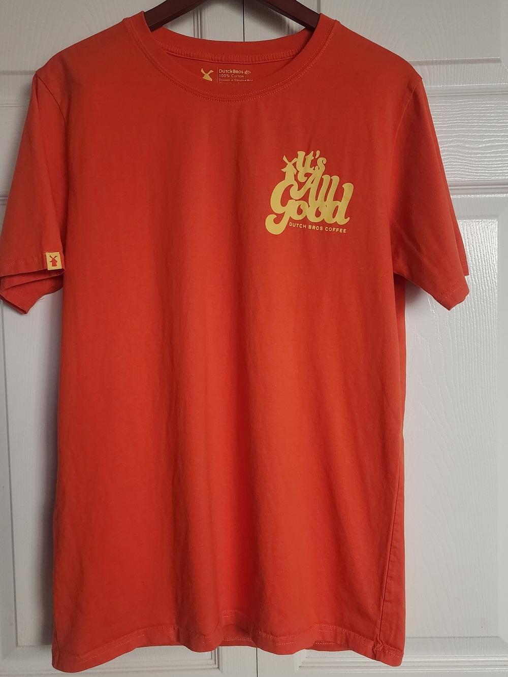 Dutch Bros Coffee Men's 'It's All Good' Orange Short Sleeve Tee Shirt, Sz L